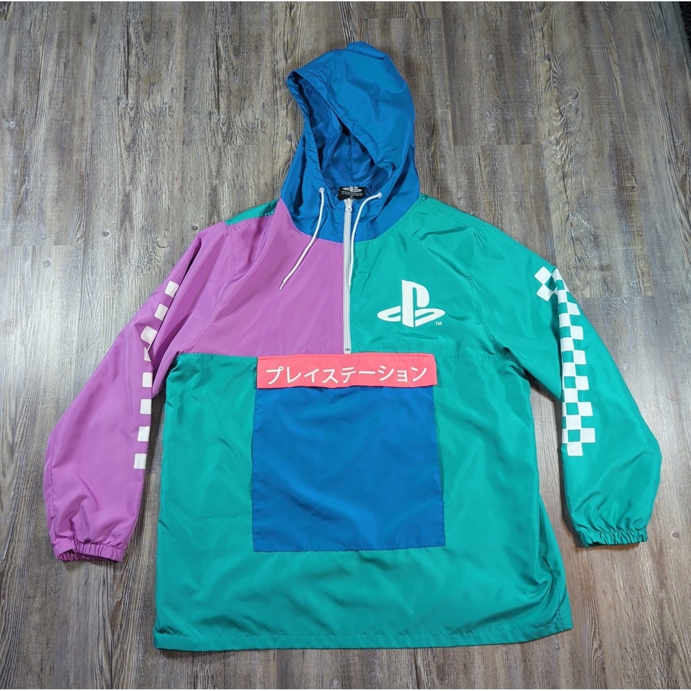 Playstation Bioworld Pastel Colorblock Hooded Windbreaker Anorak Mens Size XL